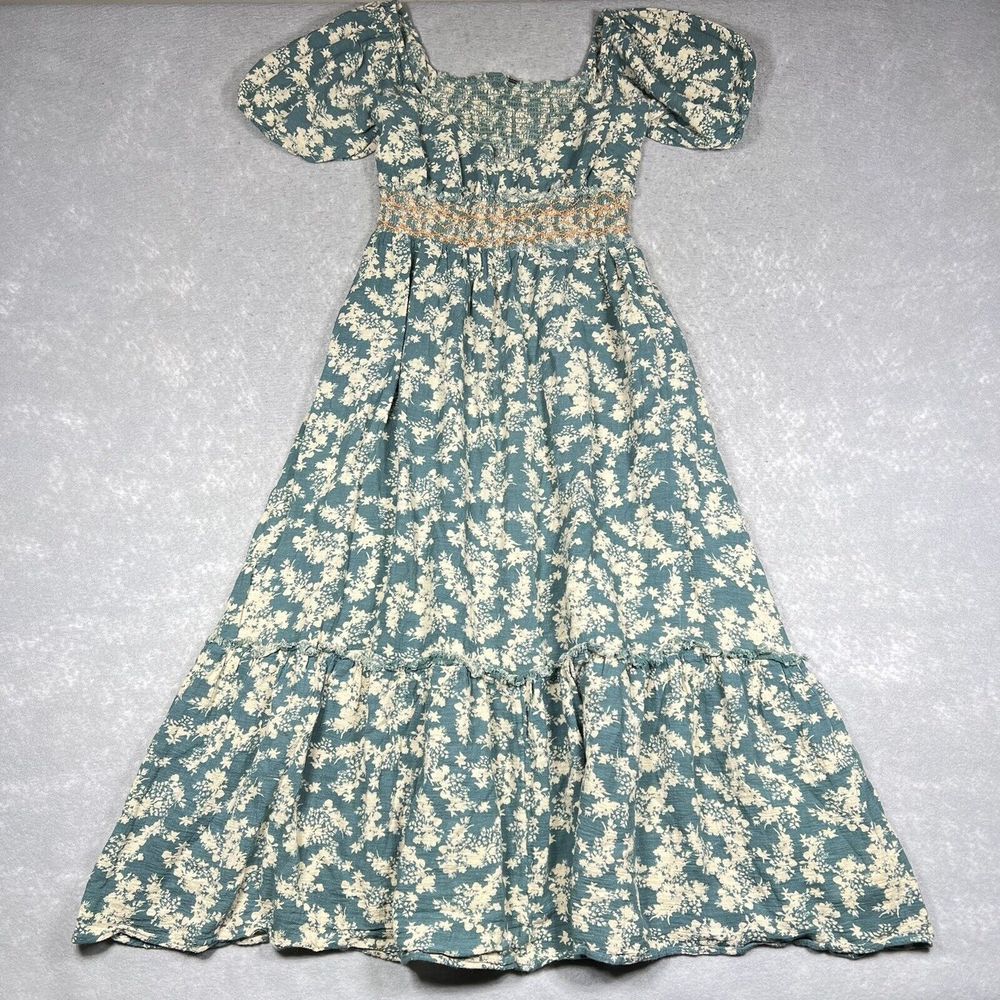 Free People Ellie Printed Maxi Dress Medium Soft Green Smocked Puff Sleeves Boho